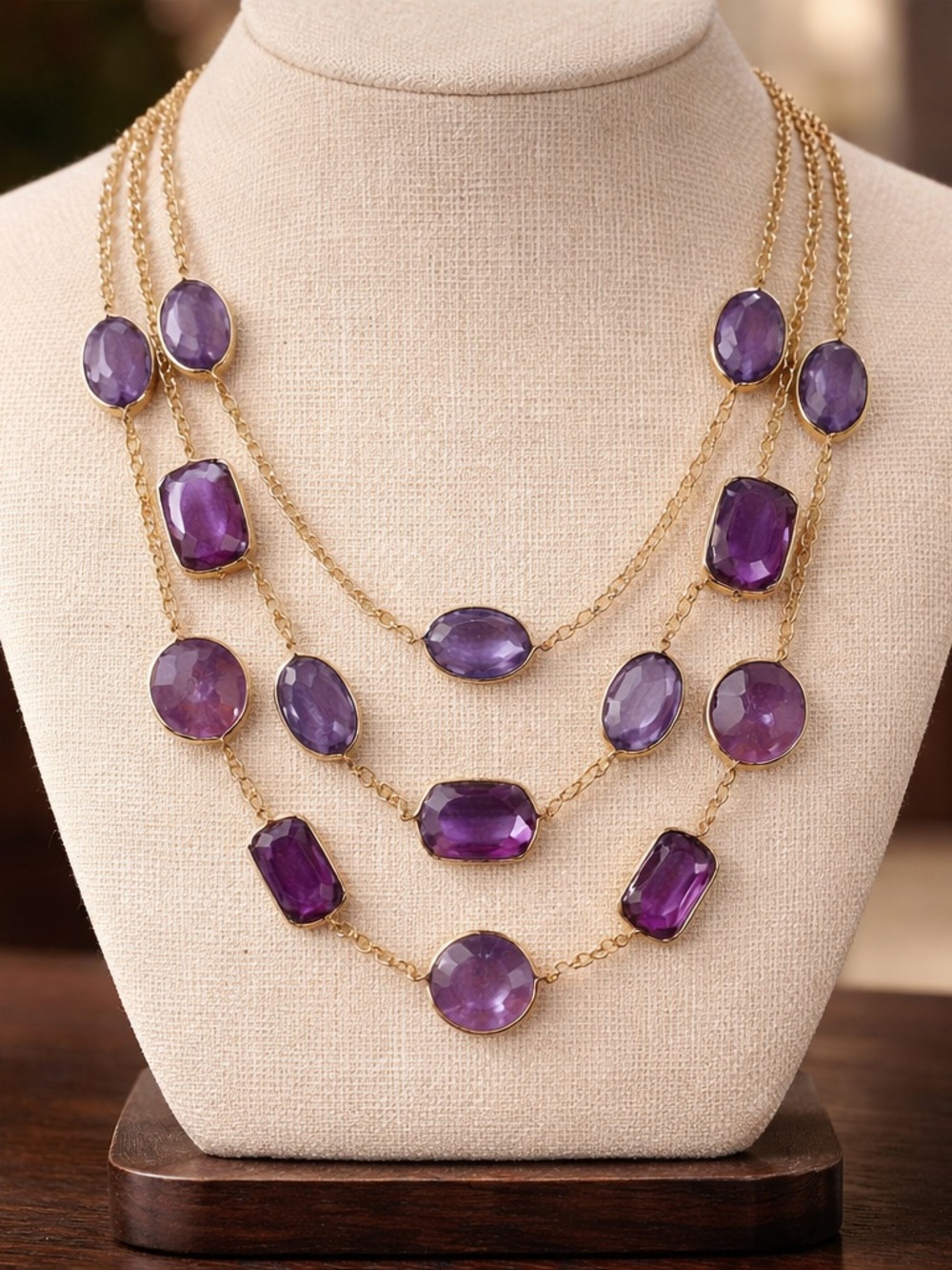 Three Layer Gold Tone Purple Amethyst Stone Statement Necklace